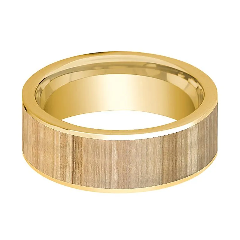 Ash Wood Inlaid Men's 14k Yellow Gold Wedding Band Flat Polished - 8MM