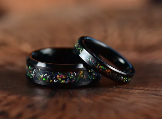 Aurora Flame Ring - Black Tungsten Crushed Opal Men's Wedding Band 8MM