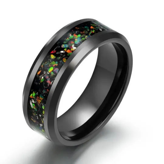 Aurora Flame Ring - Black Tungsten Crushed Opal Men's Wedding Band 8MM