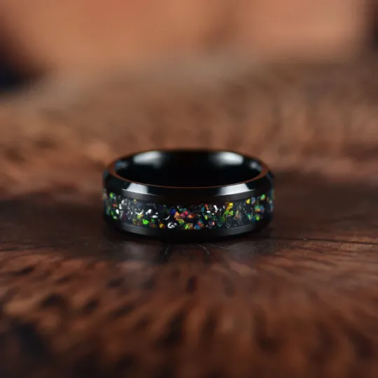 Aurora Flame Ring - Black Tungsten Crushed Opal Men's Wedding Band 8MM