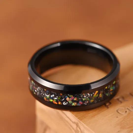 Aurora Flame Ring - Black Tungsten Crushed Opal Men's Wedding Band 8MM