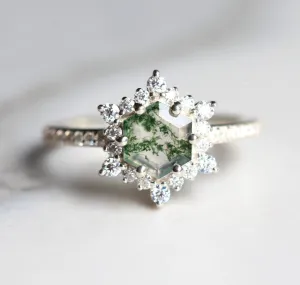 Ayla Hexagon Moss Agate Ring With Diamond Halo