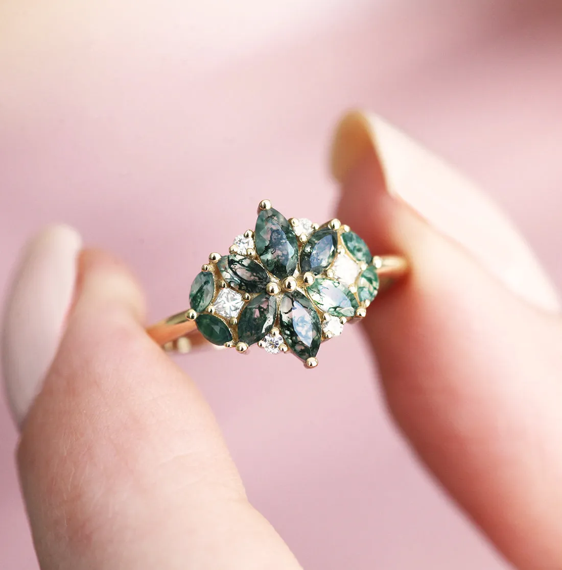 Beatrice Moss Agate And Diamond Cluster Ring