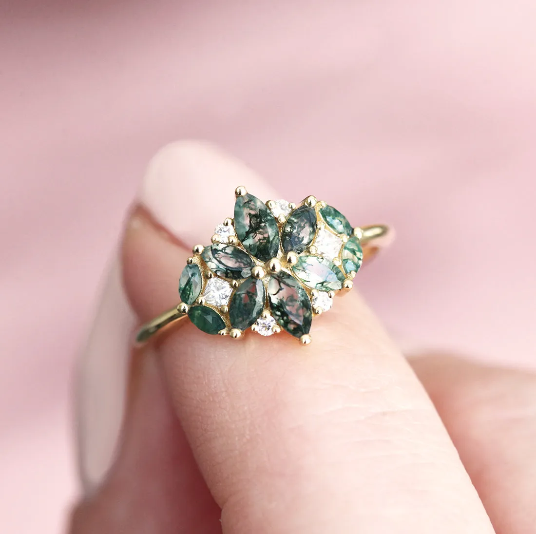 Beatrice Moss Agate And Diamond Cluster Ring