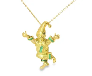 Beautiful Estate 18K Yellow Gold Emerald Clown Jester Movable Part Pendant
