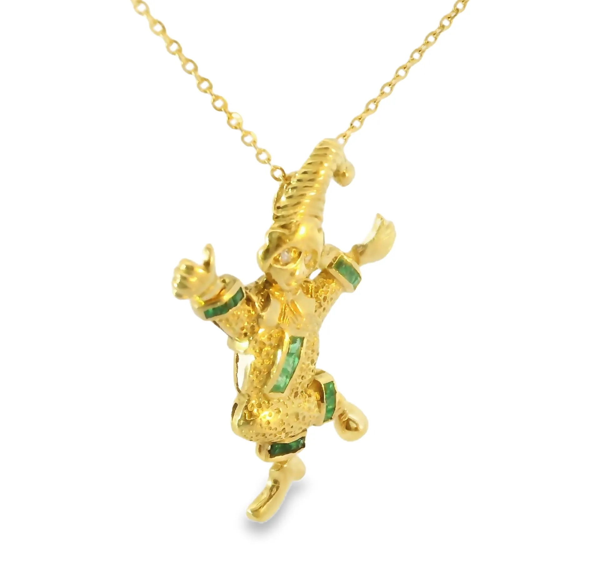 Beautiful Estate 18K Yellow Gold Emerald Clown Jester Movable Part Pendant