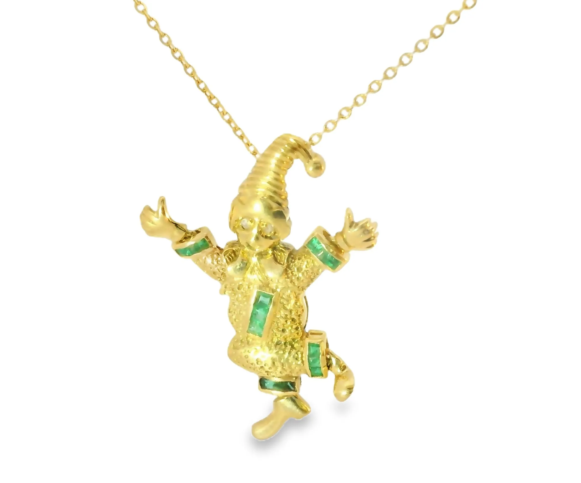 Beautiful Estate 18K Yellow Gold Emerald Clown Jester Movable Part Pendant