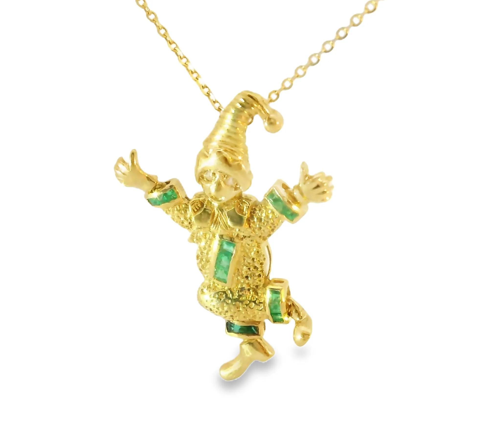 Beautiful Estate 18K Yellow Gold Emerald Clown Jester Movable Part Pendant