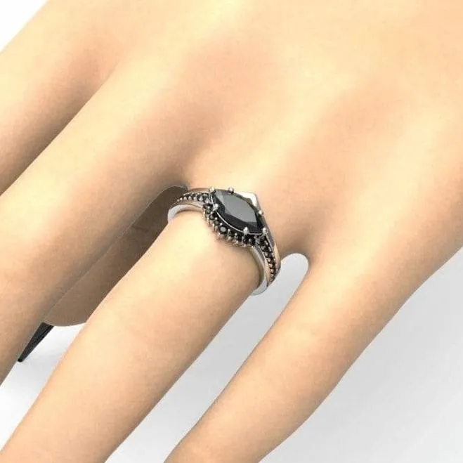 Beautiful In My Eyes- Black Diamond Marquise Cut 14K White Gold Gothic Wedding Ring