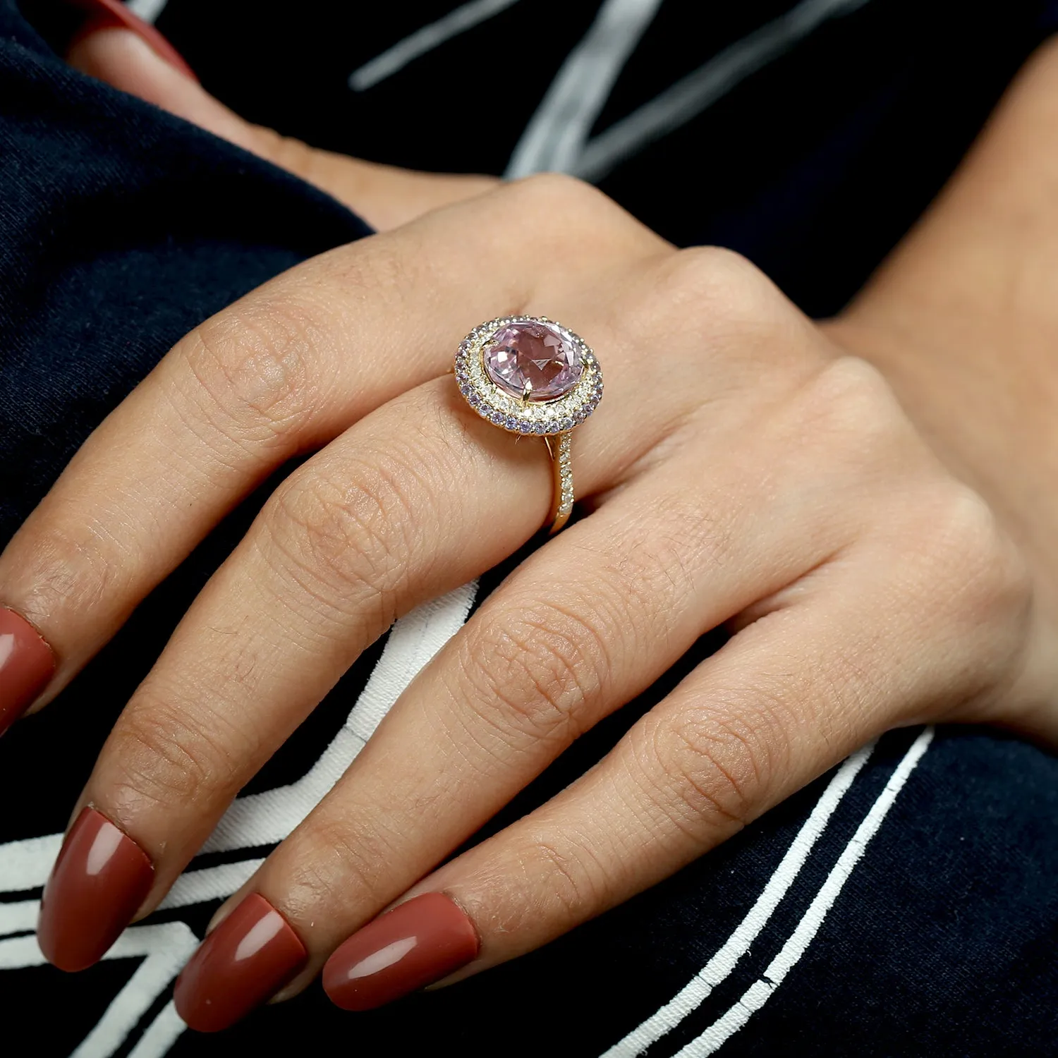 Beautiful Kunzite Tanzanite Diamond Round Solitaire Ring In 18k Yellow Gold