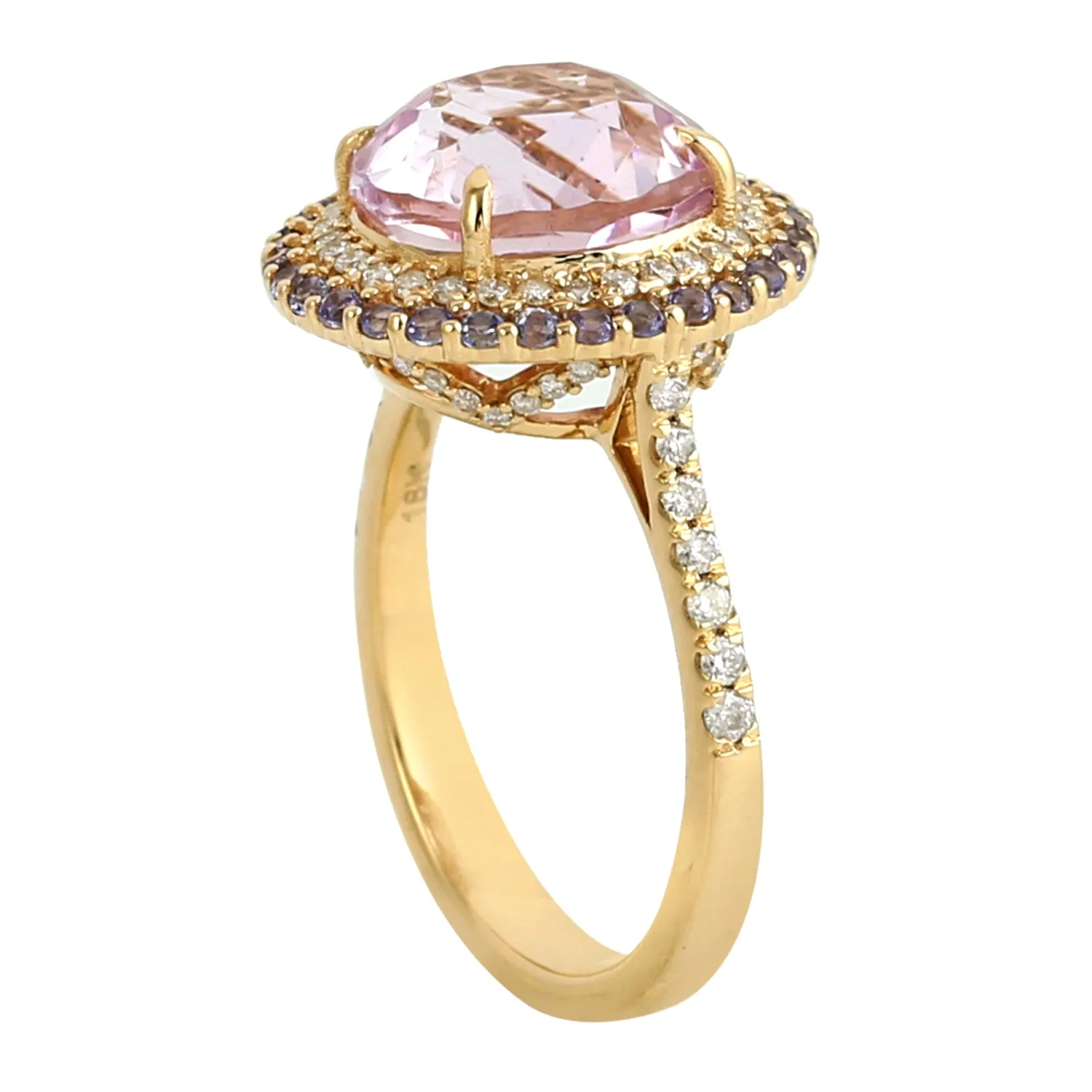 Beautiful Kunzite Tanzanite Diamond Round Solitaire Ring In 18k Yellow Gold