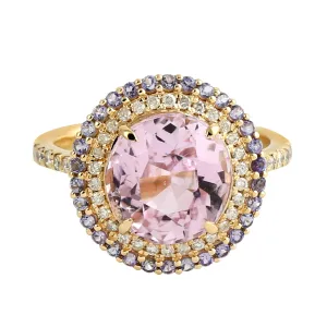 Beautiful Kunzite Tanzanite Diamond Round Solitaire Ring In 18k Yellow Gold