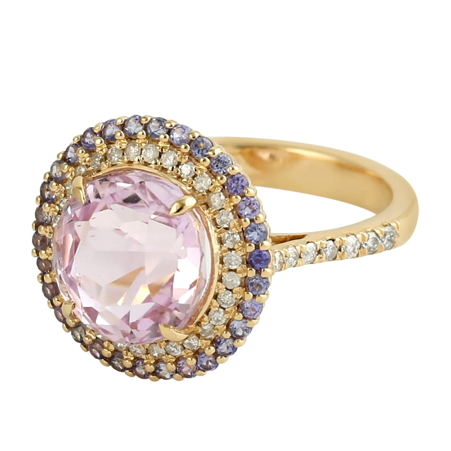Beautiful Kunzite Tanzanite Diamond Round Solitaire Ring In 18k Yellow Gold