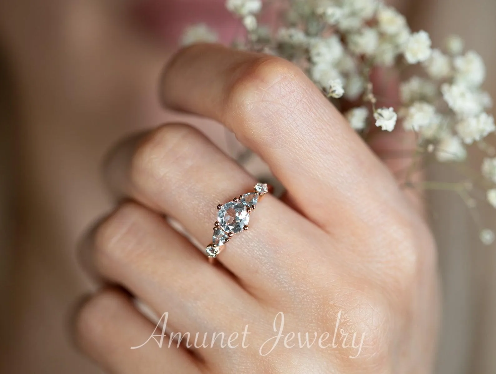 Beautiful timeless aquamarine ring, engagement ring, cluster ring, trillion ring