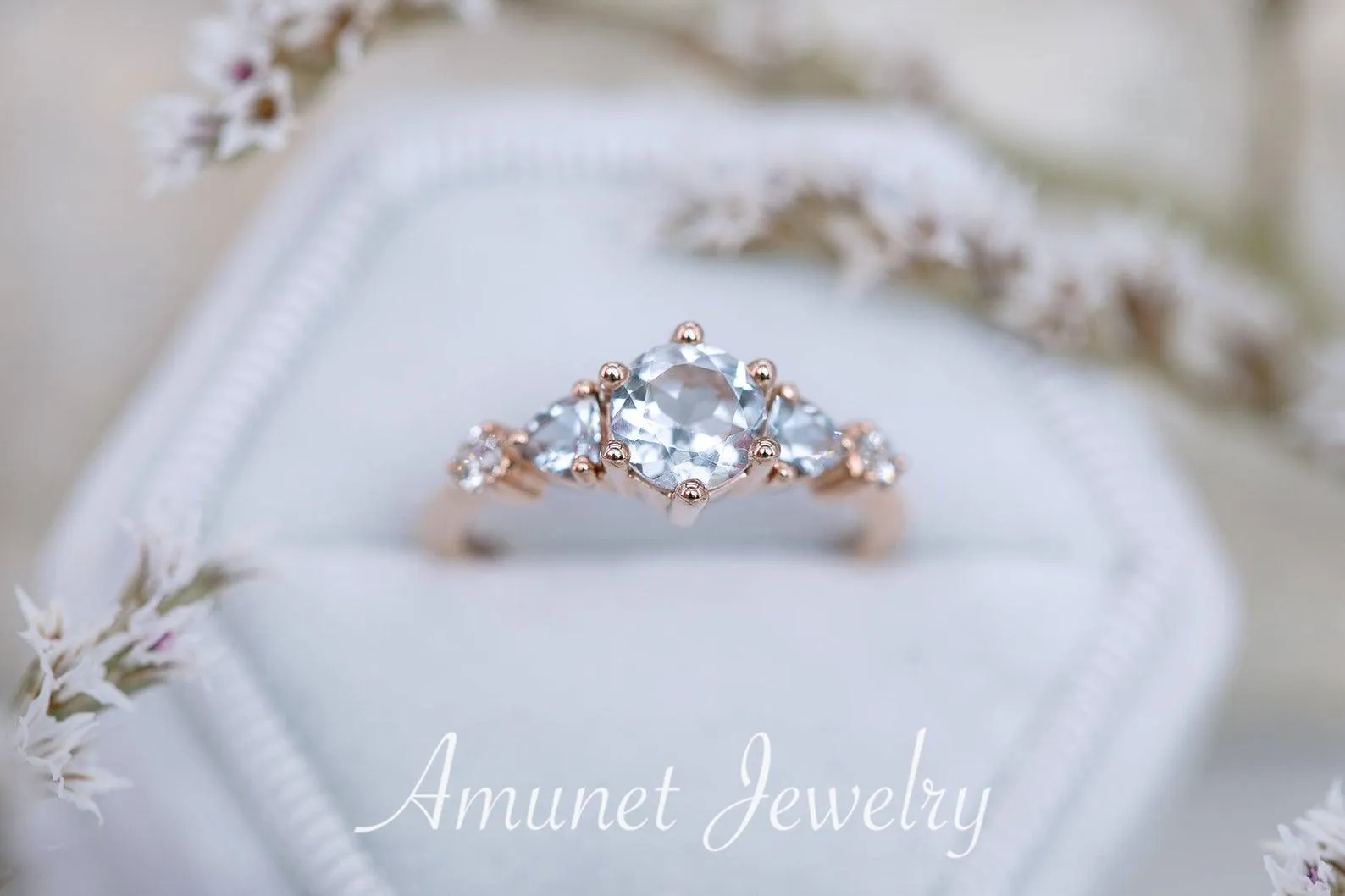 Beautiful timeless aquamarine ring, engagement ring, cluster ring, trillion ring