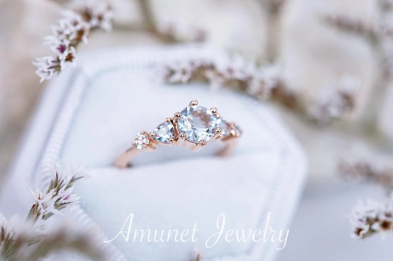 Beautiful timeless aquamarine ring, engagement ring, cluster ring, trillion ring