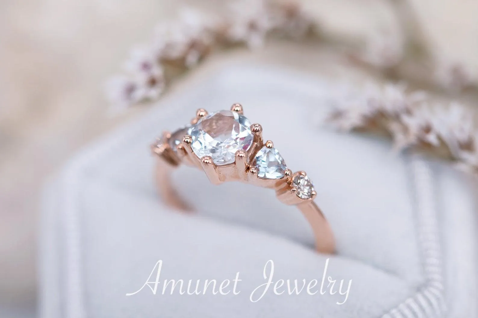 Beautiful timeless aquamarine ring, engagement ring, cluster ring, trillion ring