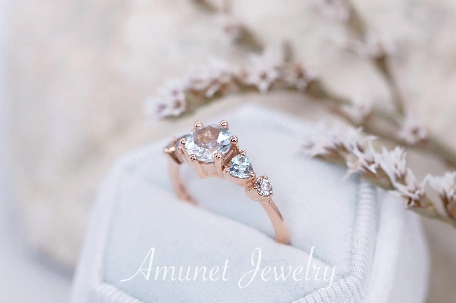 Beautiful timeless aquamarine ring, engagement ring, cluster ring, trillion ring
