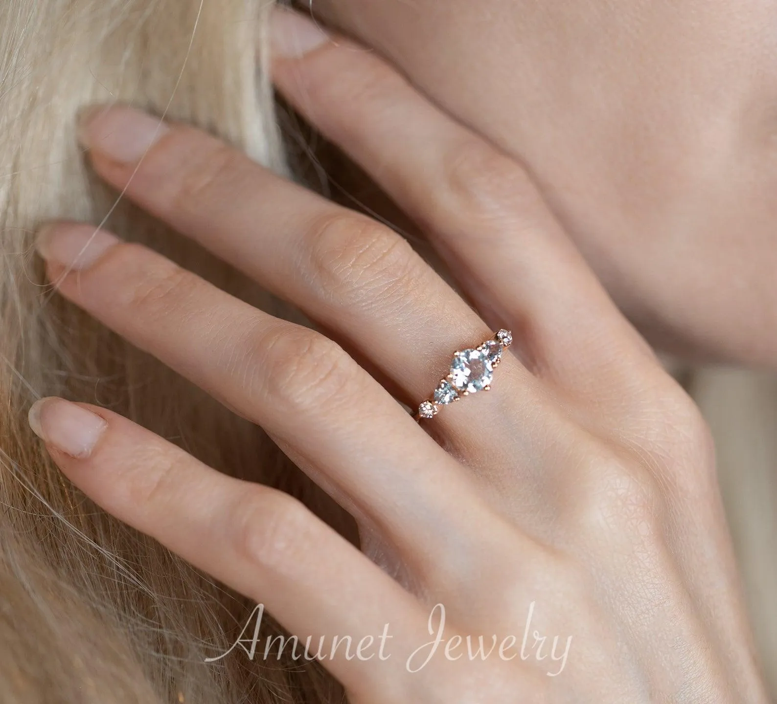 Beautiful timeless aquamarine ring, engagement ring, cluster ring, trillion ring