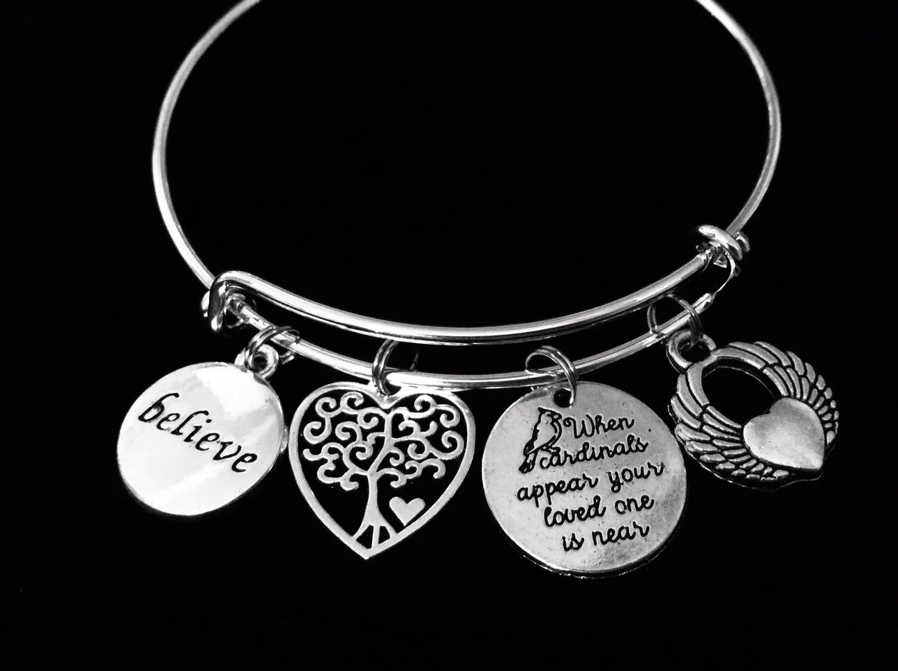 Believe When Cardinals Appear Your Loved One is Near Expandable Charm Bracelet Adjustable Silver Bangle Memorial Jewelry One Size Fits All Gift Tree of Live Angel Wing Heart