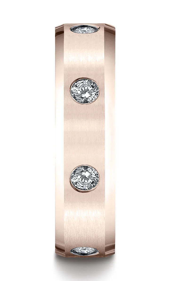 Benchmark 14K Rose Gold 6mm Comfort-Fit Satin Center Burnish Set 8-Stone Diamond Eternity Ring (0.32ct)