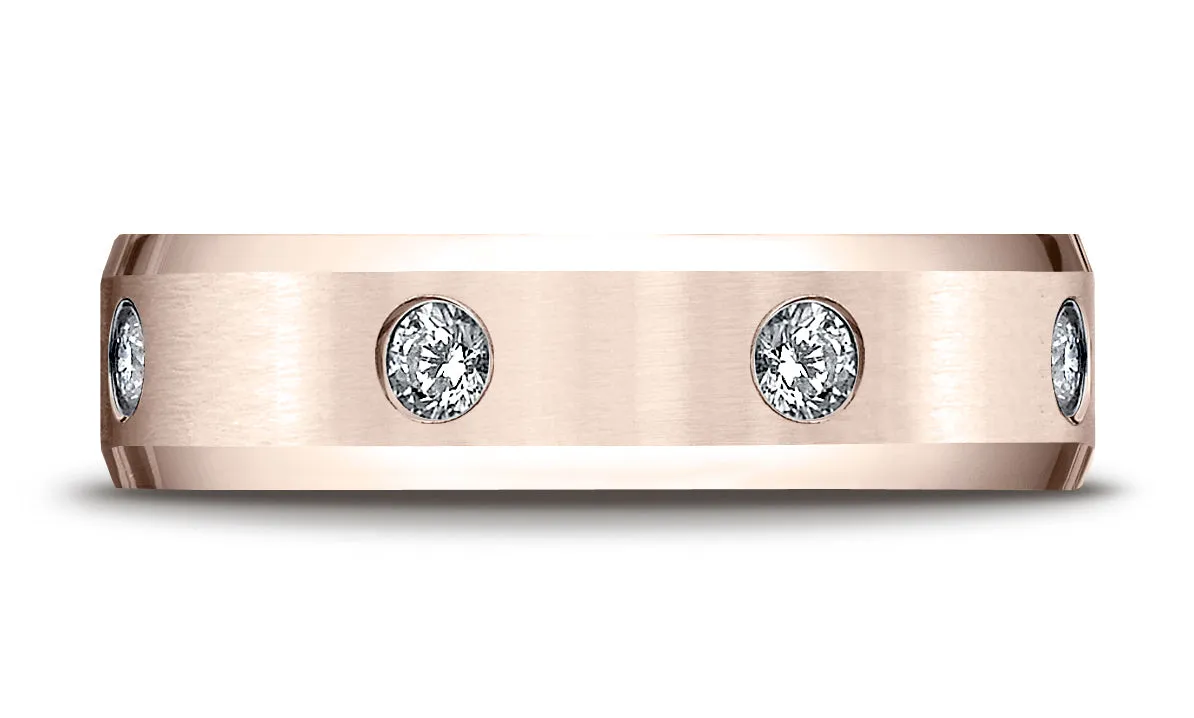 Benchmark 14K Rose Gold 6mm Comfort-Fit Satin Center Burnish Set 8-Stone Diamond Eternity Ring (0.32ct)