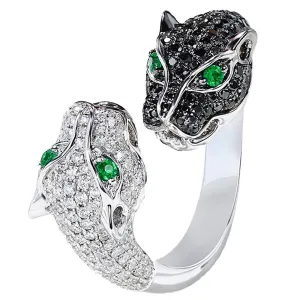 Black and White Diamond Double Panther Wrap Ring