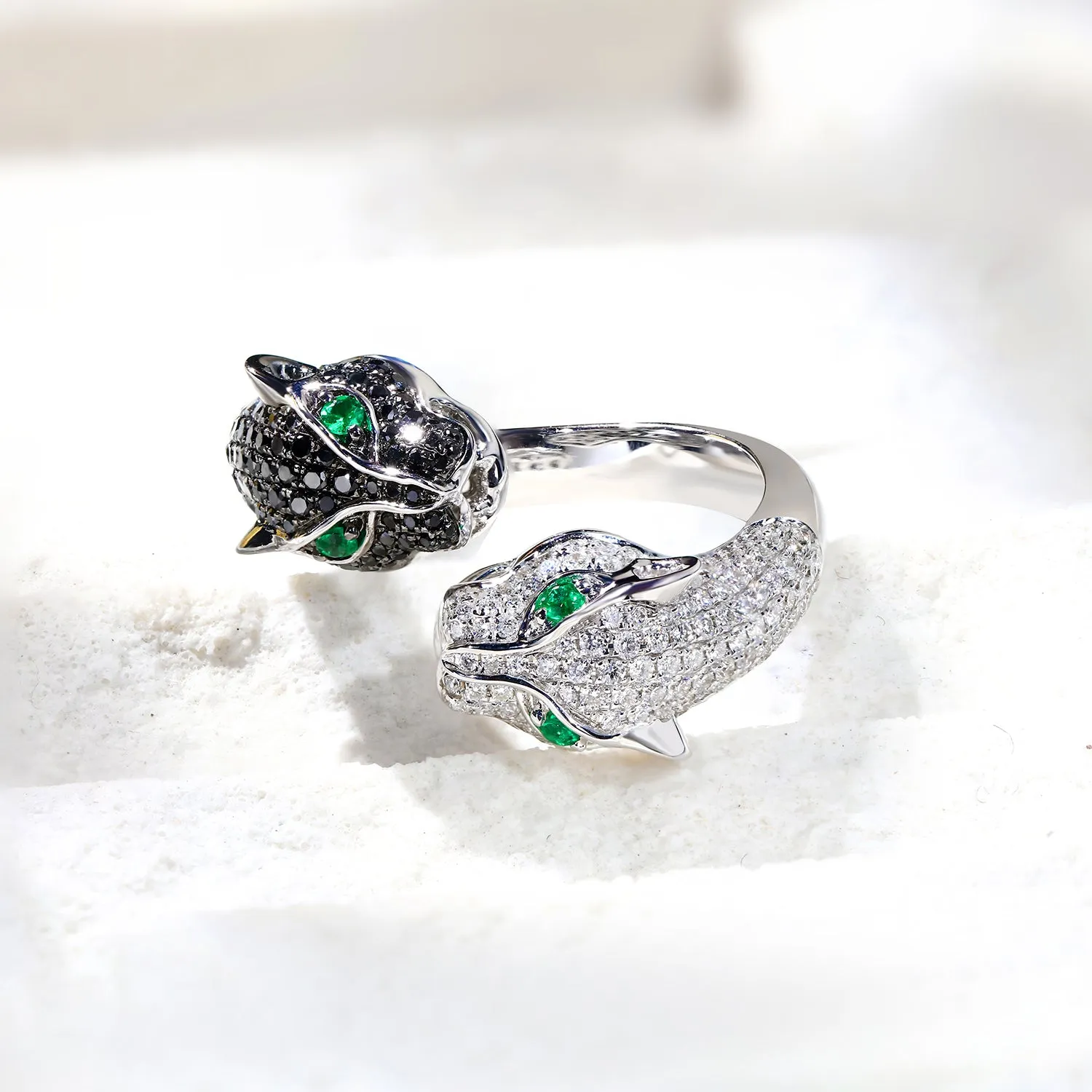 Black and White Diamond Double Panther Wrap Ring