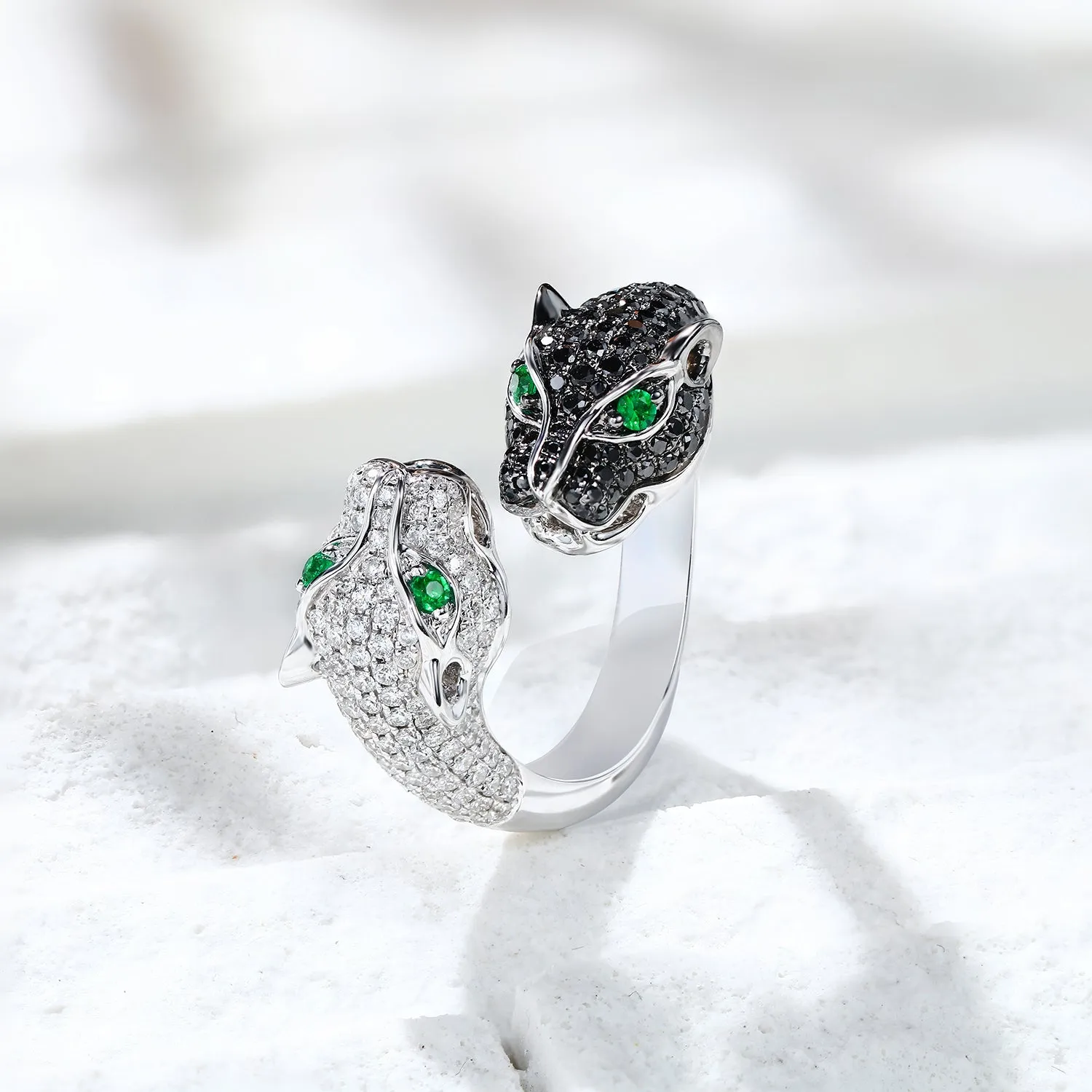 Black and White Diamond Double Panther Wrap Ring