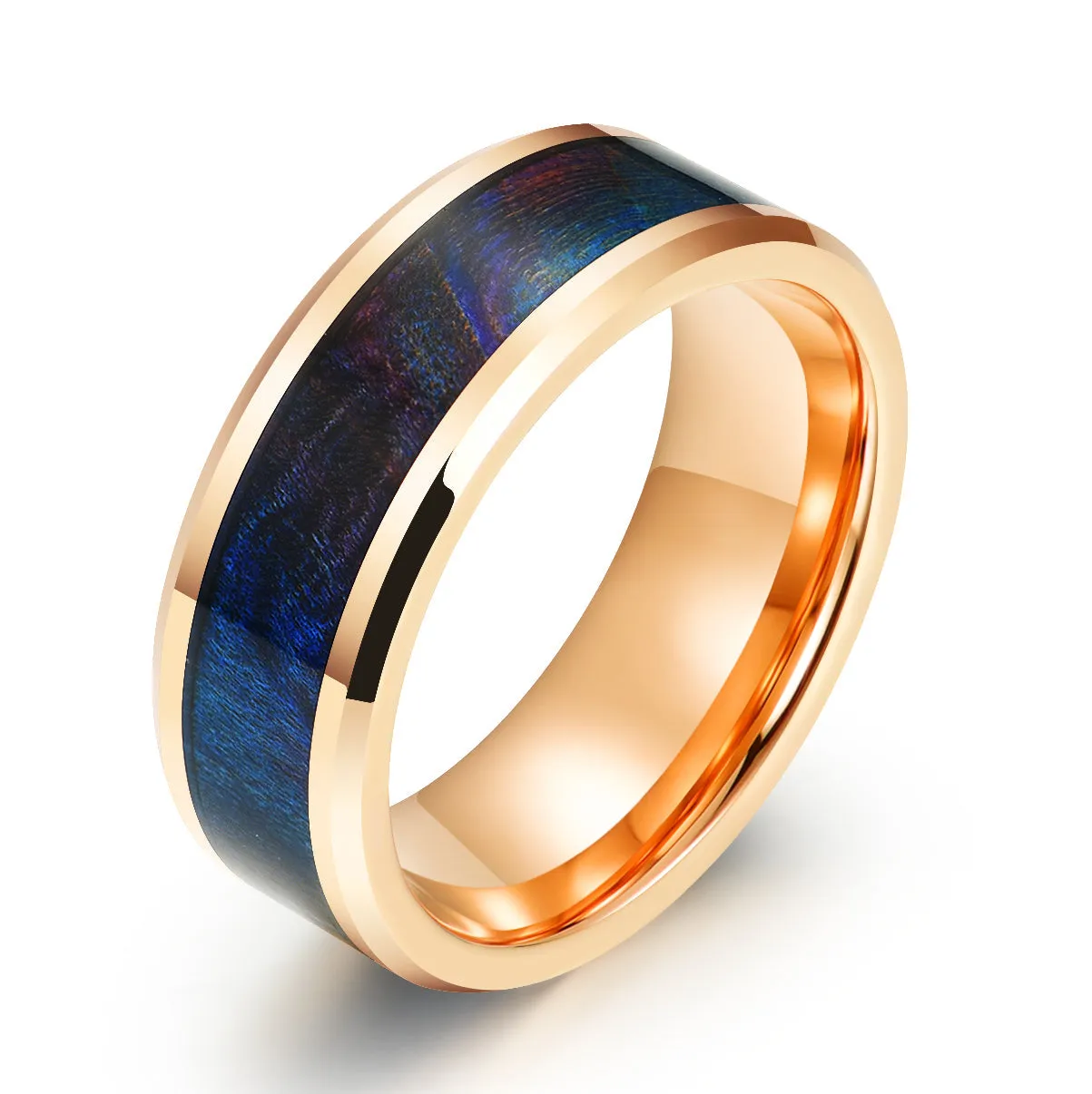 Blue Haze Ring - Rose Tungsten Box Elder Wood Men's Wedding Band 8MM