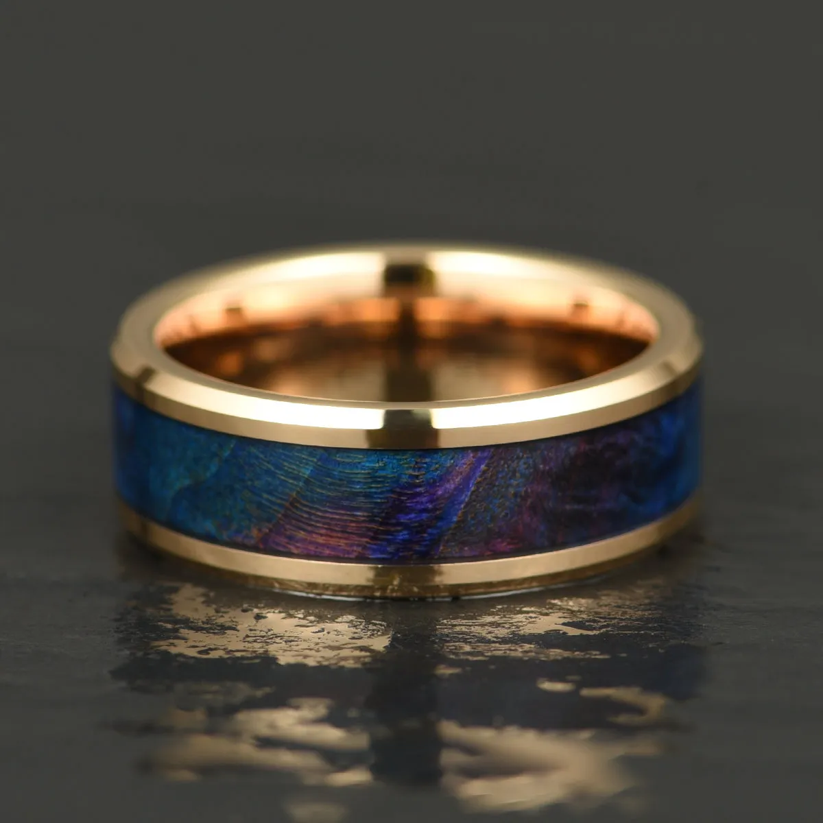 Blue Haze Ring - Rose Tungsten Box Elder Wood Men's Wedding Band 8MM