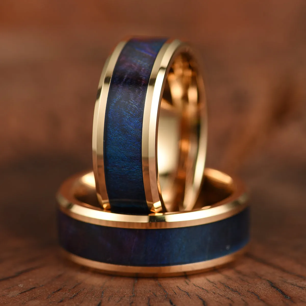 Blue Haze Ring - Rose Tungsten Box Elder Wood Men's Wedding Band 8MM
