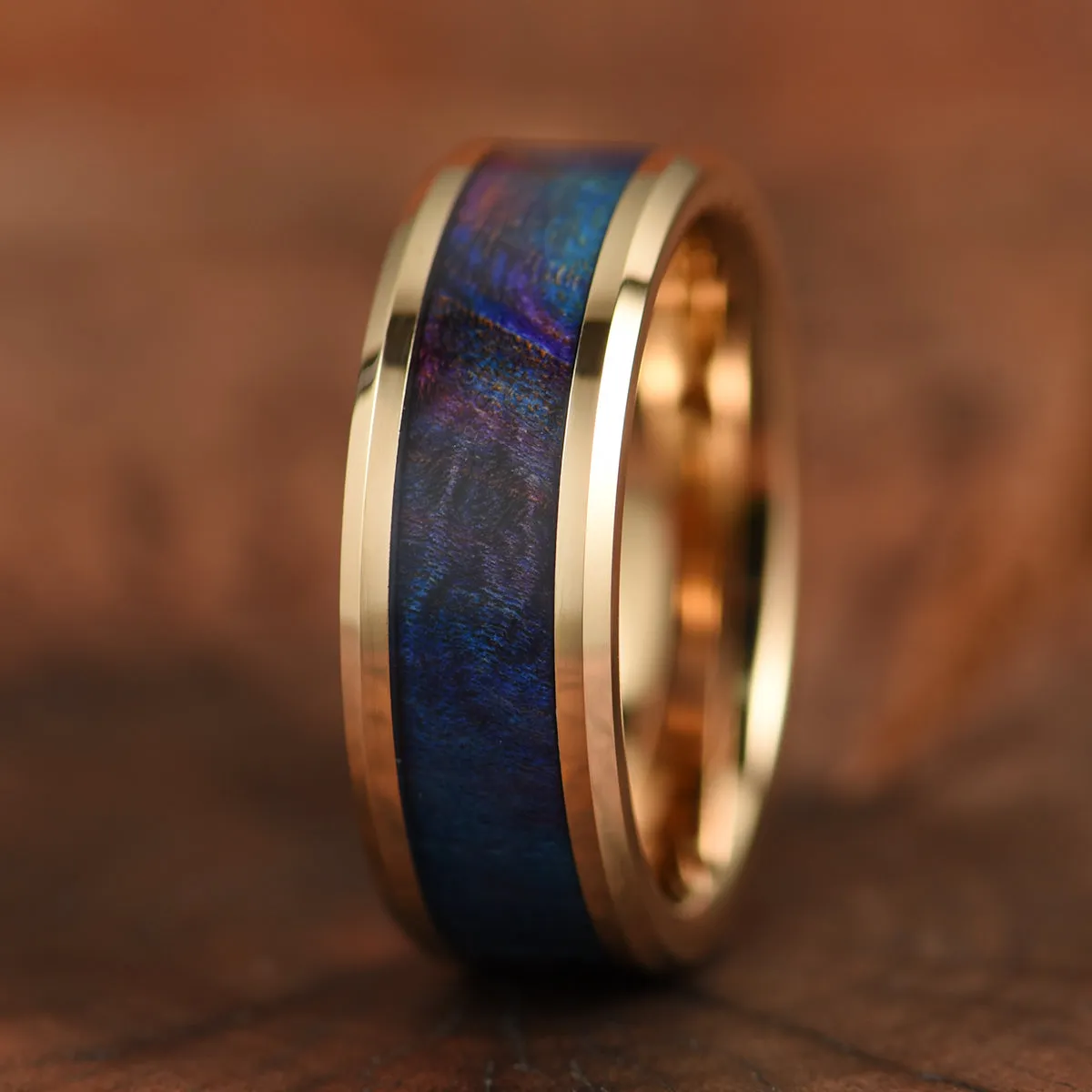 Blue Haze Ring - Rose Tungsten Box Elder Wood Men's Wedding Band 8MM