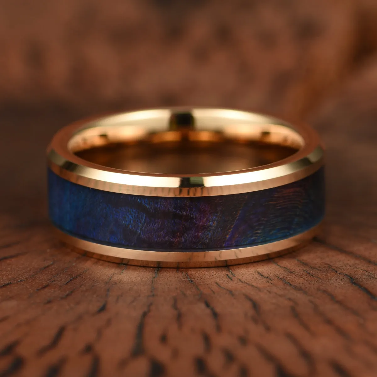 Blue Haze Ring - Rose Tungsten Box Elder Wood Men's Wedding Band 8MM