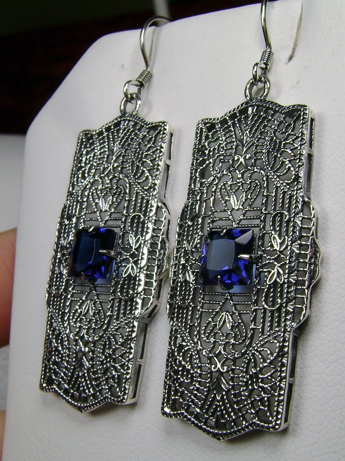 Blue Sapphire Earrings, Sterling Silver Art Deco 1920's Jewelry #E26