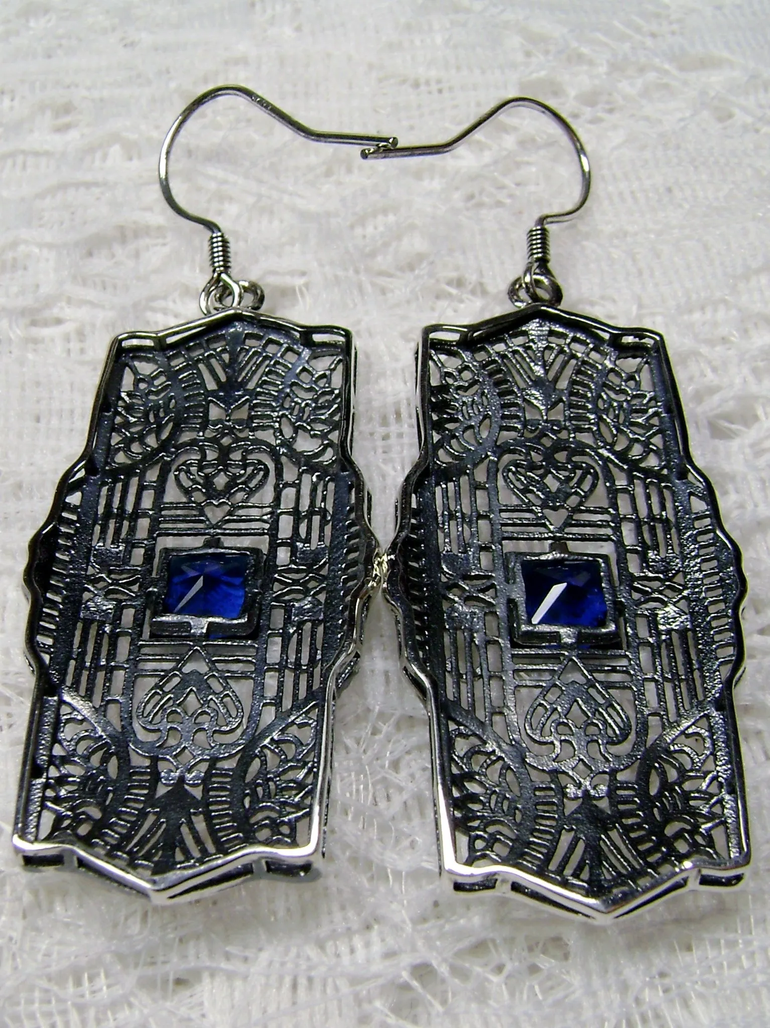 Blue Sapphire Earrings, Sterling Silver Art Deco 1920's Jewelry #E26