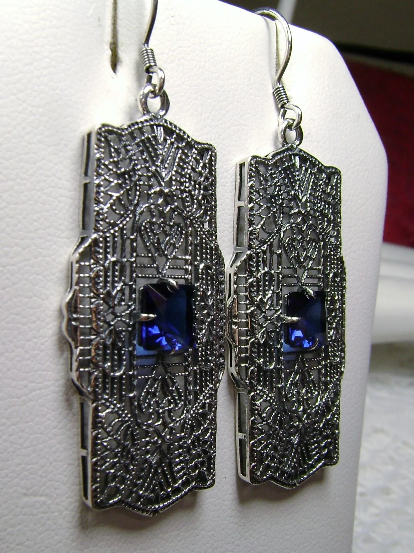 Blue Sapphire Earrings, Sterling Silver Art Deco 1920's Jewelry #E26