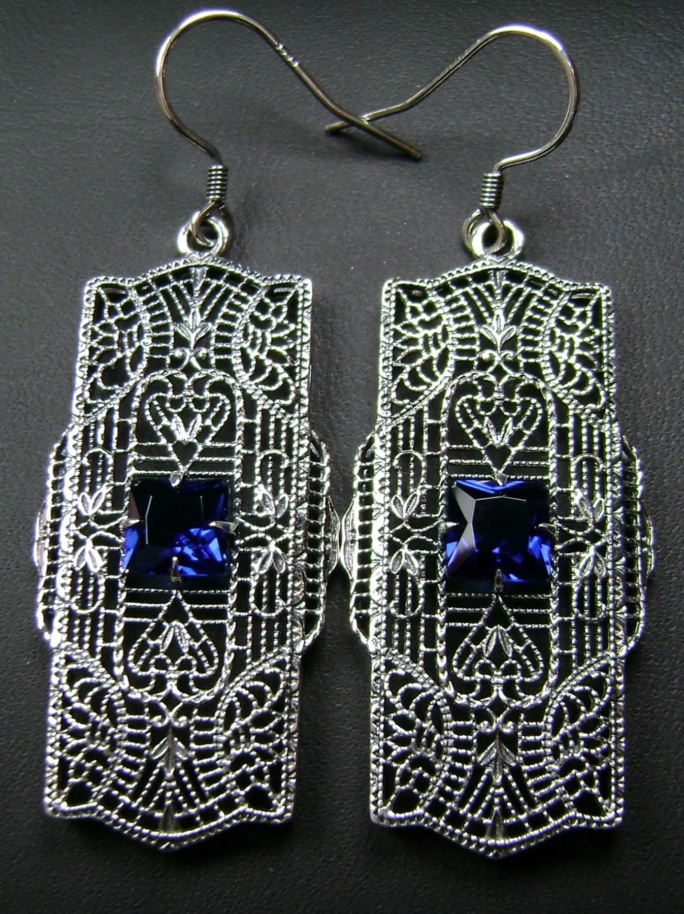 Blue Sapphire Earrings, Sterling Silver Art Deco 1920's Jewelry #E26