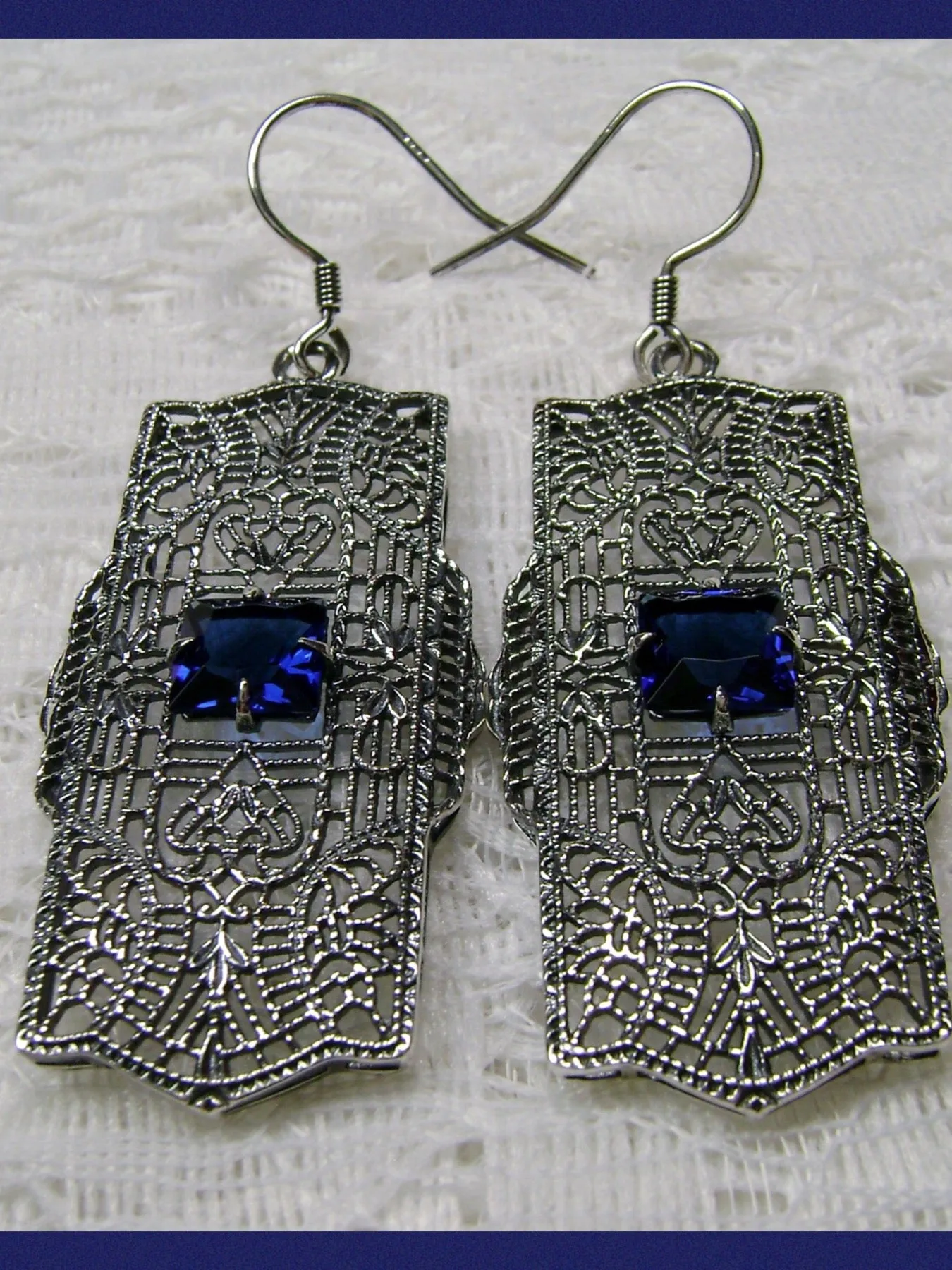 Blue Sapphire Earrings, Sterling Silver Art Deco 1920's Jewelry #E26