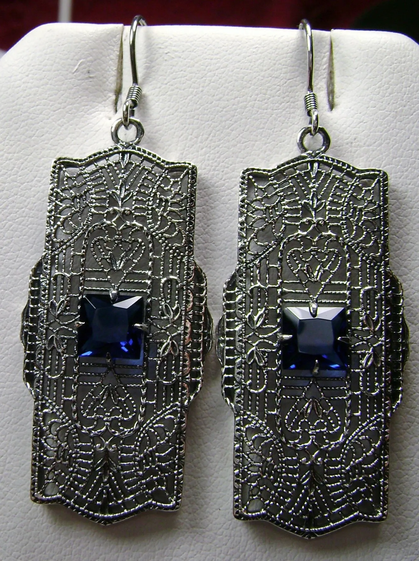 Blue Sapphire Earrings, Sterling Silver Art Deco 1920's Jewelry #E26