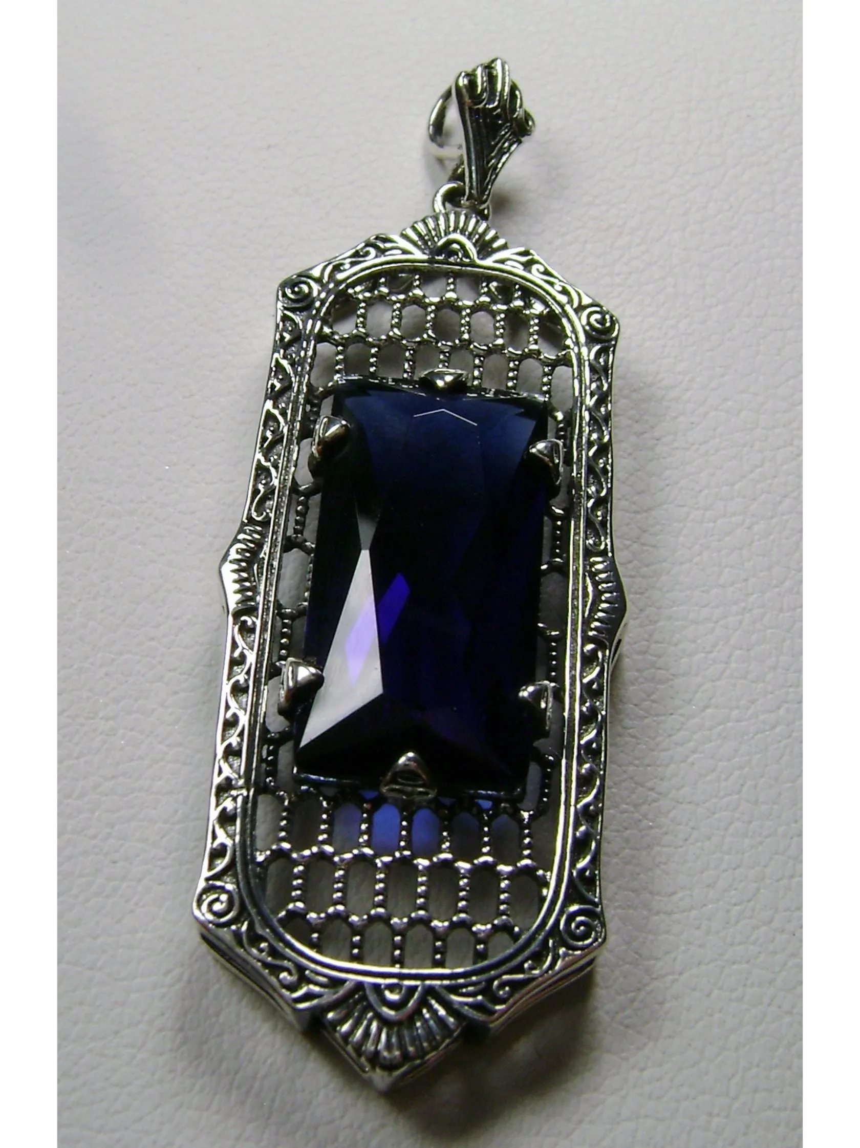 Blue Sapphire Pendant, Baguette Gem, Art Deco 1930s Reproduction Jewelry, Baguette P16