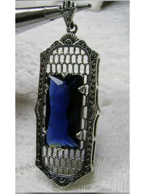 Blue Sapphire Pendant, Baguette Gem, Art Deco 1930s Reproduction Jewelry, Baguette P16