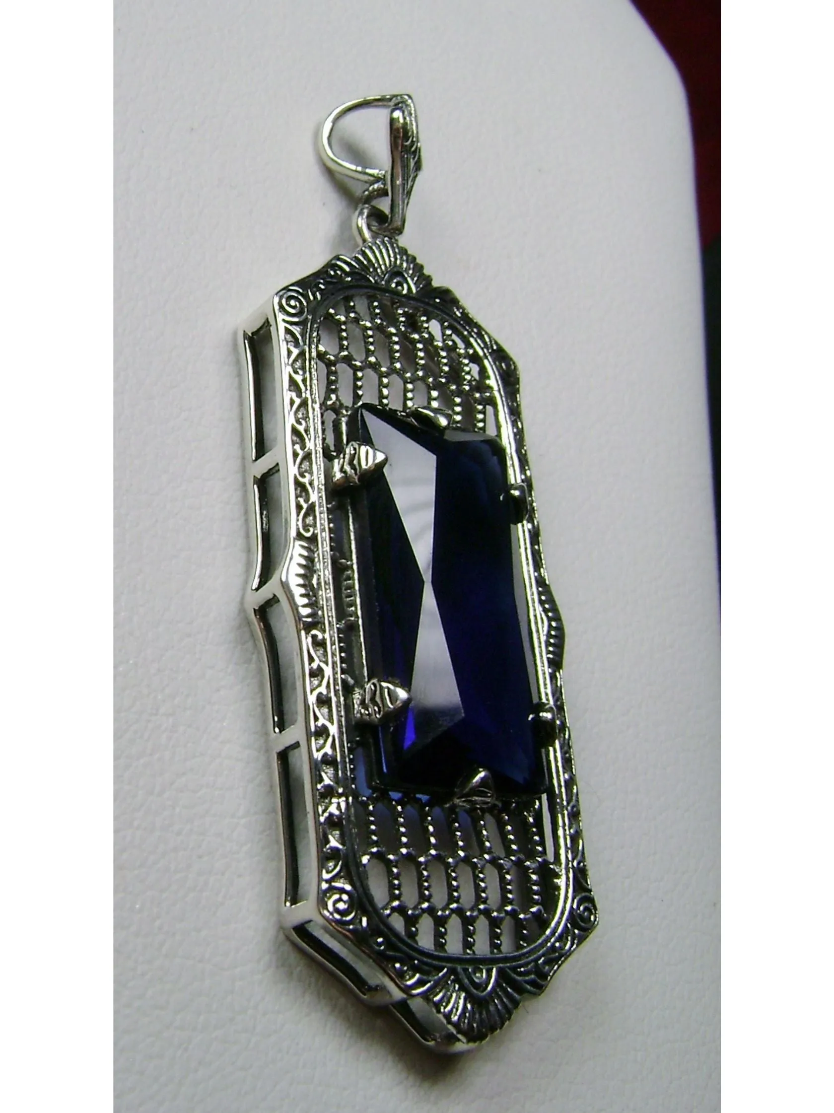 Blue Sapphire Pendant, Baguette Gem, Art Deco 1930s Reproduction Jewelry, Baguette P16