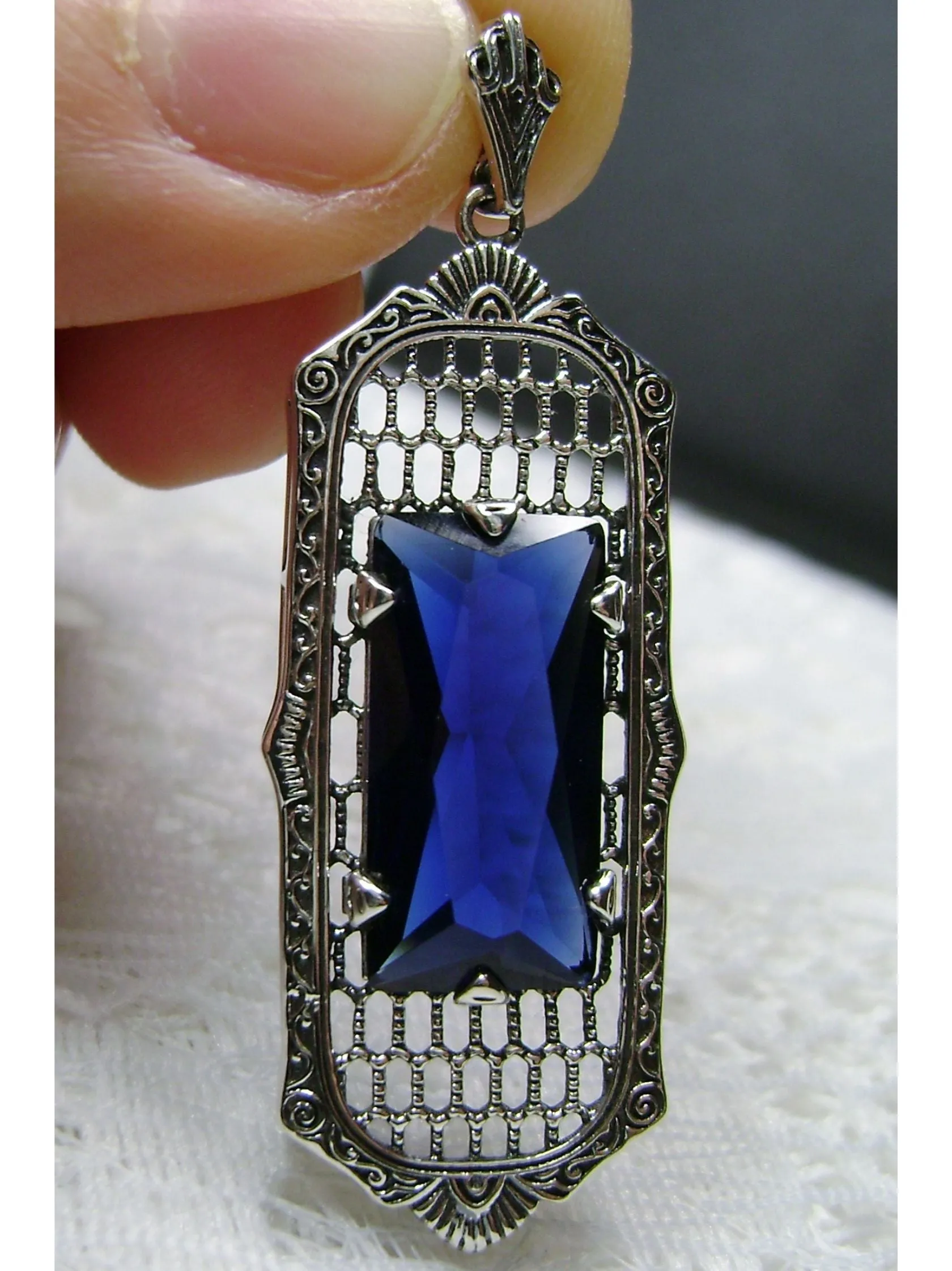 Blue Sapphire Pendant, Baguette Gem, Art Deco 1930s Reproduction Jewelry, Baguette P16