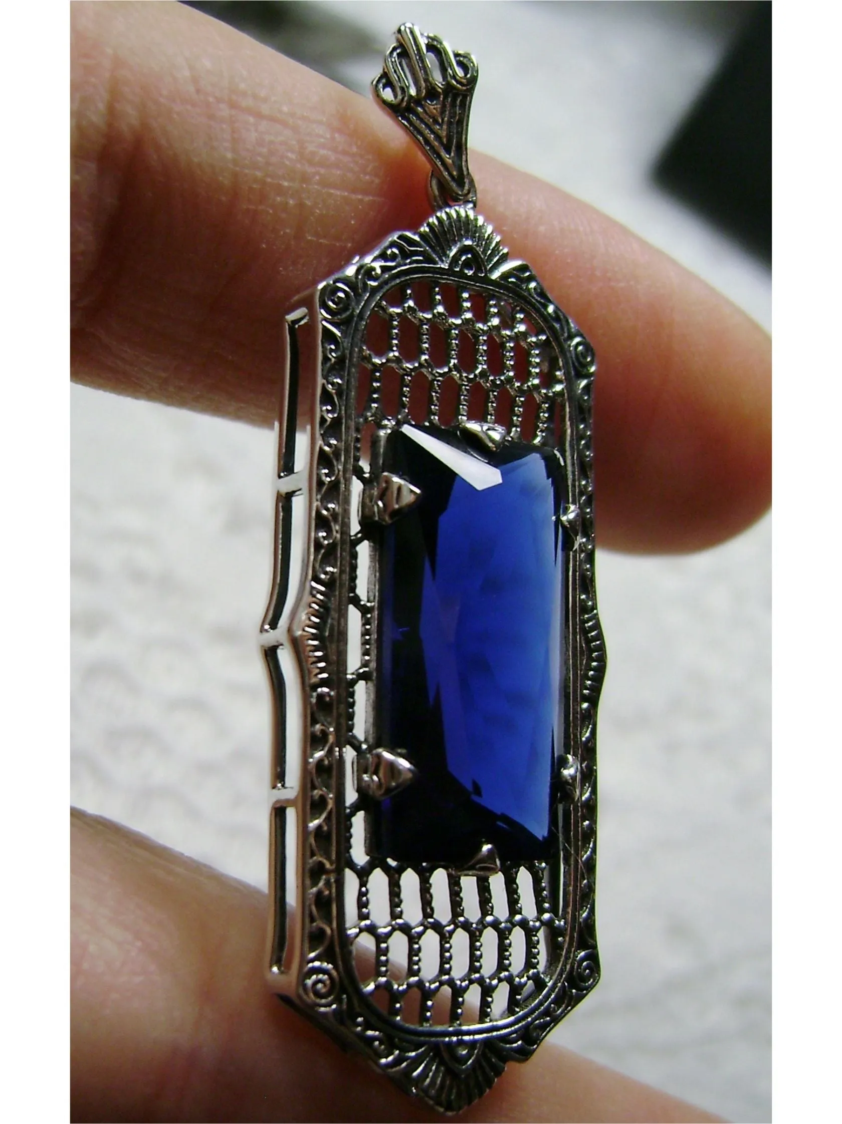 Blue Sapphire Pendant, Baguette Gem, Art Deco 1930s Reproduction Jewelry, Baguette P16