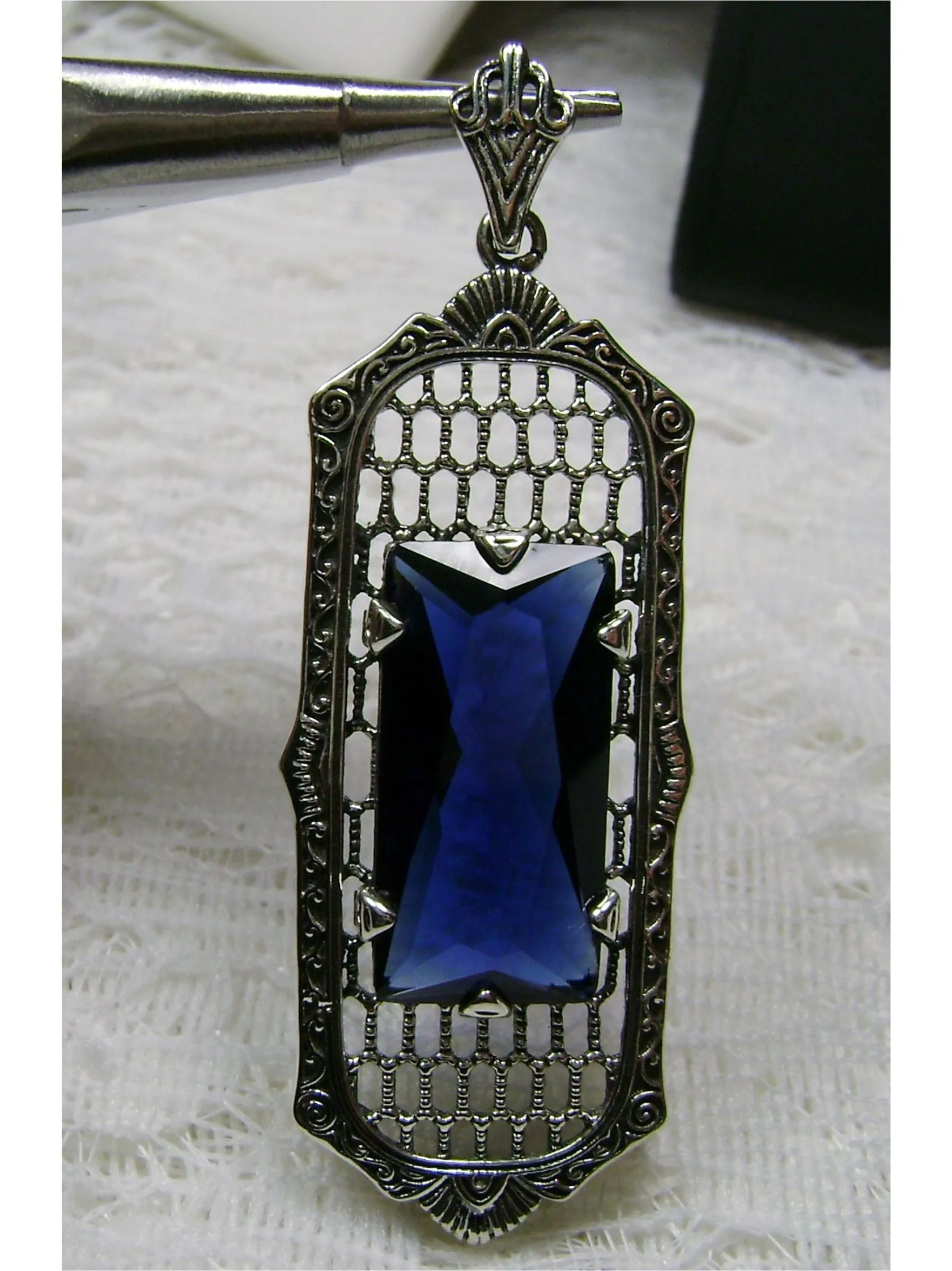 Blue Sapphire Pendant, Baguette Gem, Art Deco 1930s Reproduction Jewelry, Baguette P16