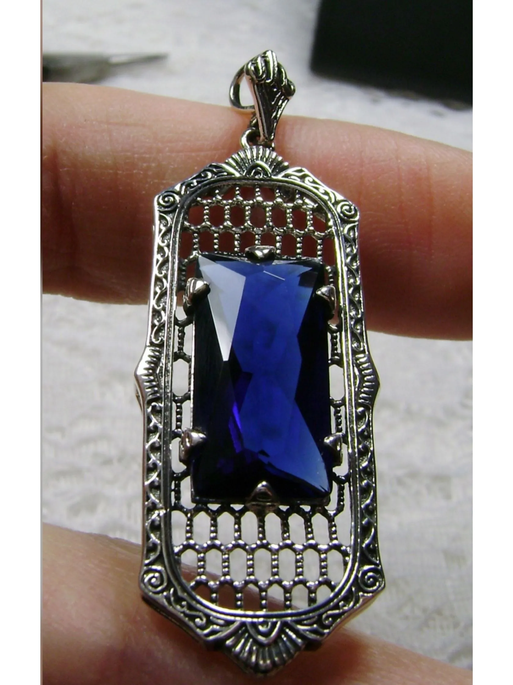 Blue Sapphire Pendant, Baguette Gem, Art Deco 1930s Reproduction Jewelry, Baguette P16