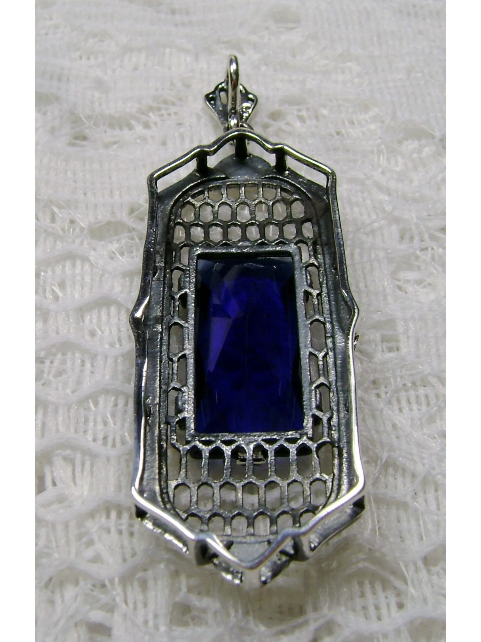 Blue Sapphire Pendant, Baguette Gem, Art Deco 1930s Reproduction Jewelry, Baguette P16
