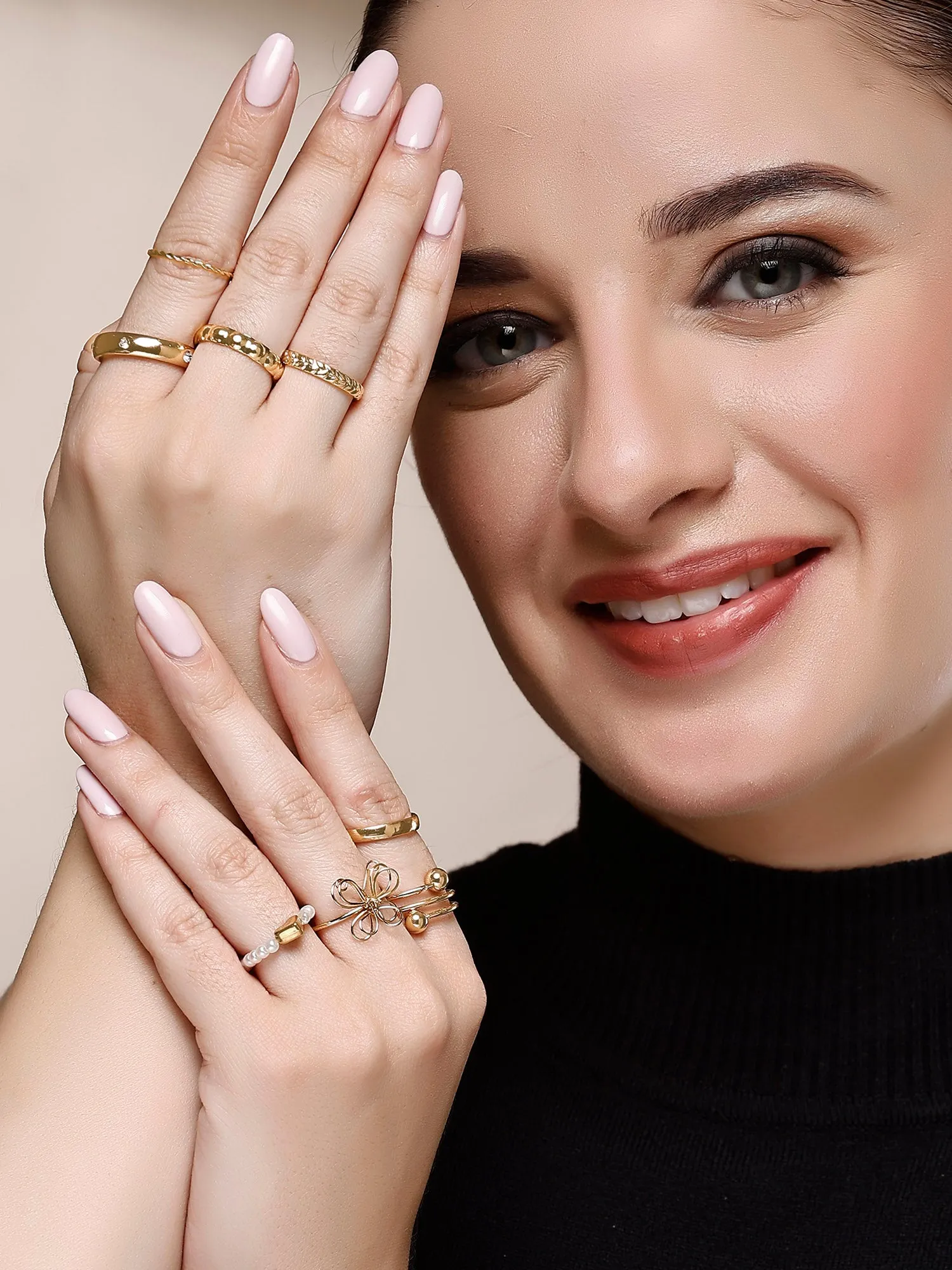 Bohey by KARATCART Set of 8 Gold-Plated Boho Midi Finger Rings for Women