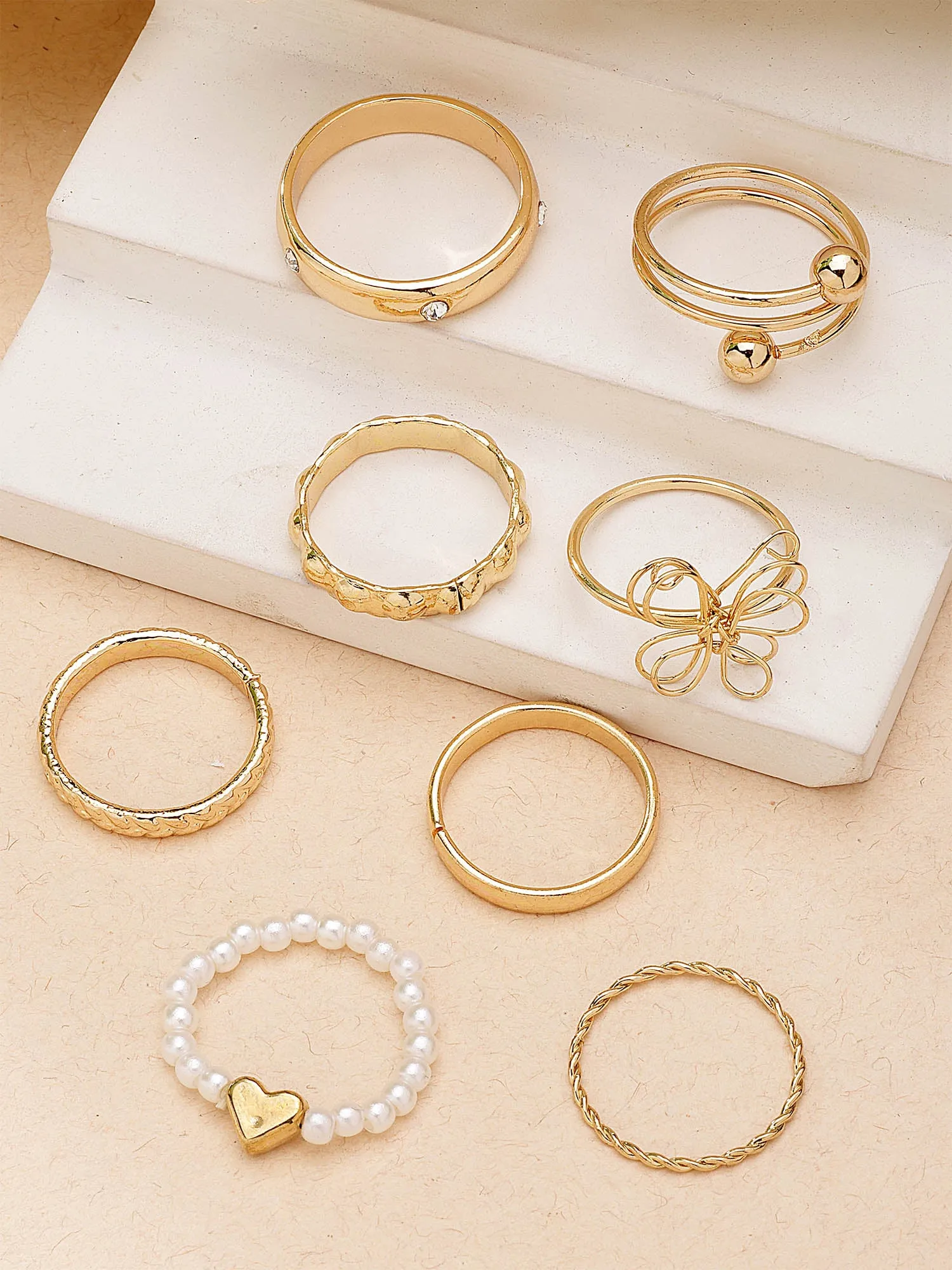 Bohey by KARATCART Set of 8 Gold-Plated Boho Midi Finger Rings for Women